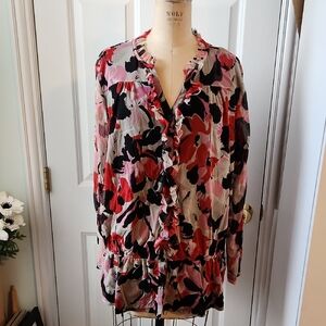 Floral Ruffle Blouse - Pink, Black, White